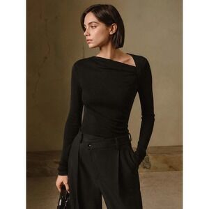 COMMENSE Black Ribbed Knit Long Sleeve Asymmetric Shirt Top XL US 12